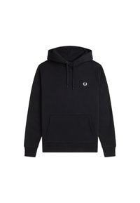 Sudadera negra hecha de una mezcla de algodón, que presenta un bolsillo frontal, cordones ajustables y un pequeño logo bordado en el pecho.
