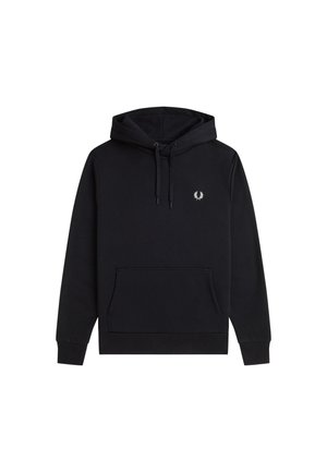 Schwarzer Kapuzenpullover aus einer Baumwollmischung, mit einer Fronttasche, Kordelzügen und einem kleinen gestickten Logo auf der Brust.