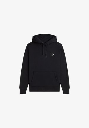 Felpa nera con cappuccio realizzata in tessuto misto cotone, con tasca frontale, cordoncini e un piccolo logo ricamato sul petto.