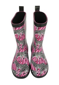 Bottes de pluie en caoutchouc roses avec un motif zèbre, des accents noirs et des languettes. Présente une finition brillante et une forme de orteil arrondie.