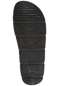 Black rubber shoe sole with textured grip. Features horizontal and diagonal ridges, rounded toe, and branding at the heel.