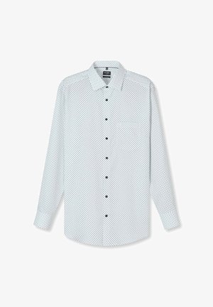 Chemise blanche à manches longues avec boutons, motif de petits losanges noirs, poche poitrine unique et col classique, posée à plat sur un fond blanc.