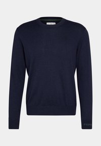 Námořnická modrá mikina s kulatým výstřihem vyrobená z měkké tkaniny s pružnými manžetami a lemem, na hrudi má malé logo a na rukávu zelený akcent.