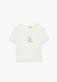 Hvid bomulds t-shirt med rund halsudskæring, korte ærmer og illustrerede killinger over teksten "Det er en smuk dag!" foran.