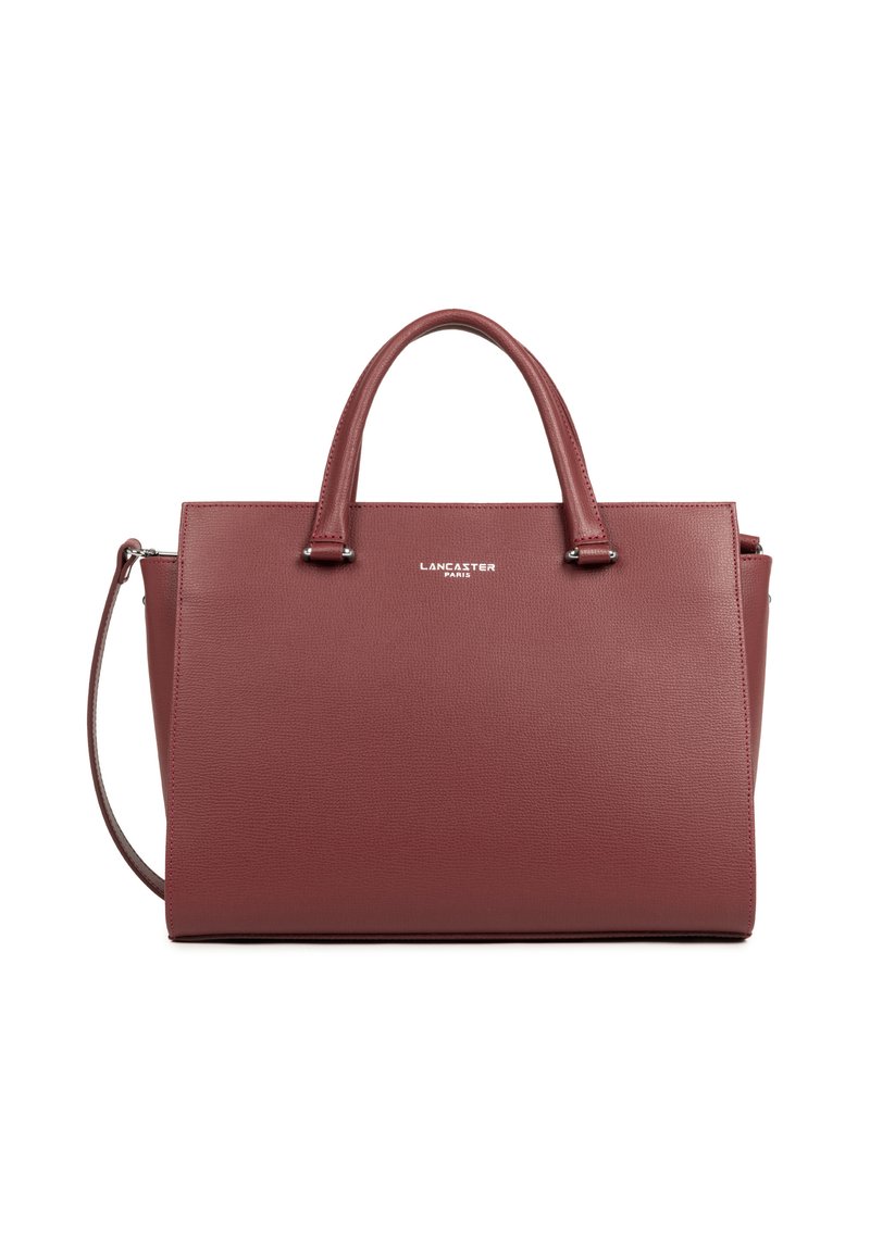 Borsa a tracolla in pelle rossa con texture, dotata di due manici superiori, una tracolla staccabile e dettagli in argento, con logo frontale.