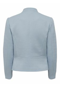Lyseblå skreddersydd blazer med en strukturert silhuett, teksturert stoff med fiskebensmønster og klassisk kragedesign.