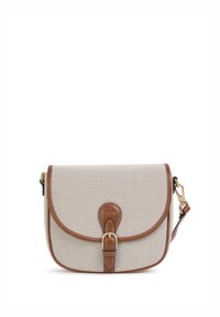 Beige fabric crossbody bag with brown leather accents, rounded flap closure, gold-tone hardware, and subtle stitching details.
