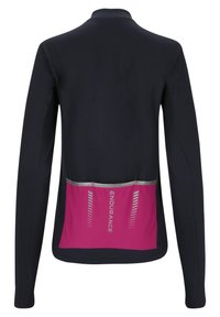 Långärmad träningsjacka i marinblå med en bakficka i rosa och silver, med reflexdetaljer och ett glatt, figurnära material.