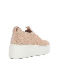 Blush pink platform sneakers with textured knit upper adorned with small shimmering accents, featuring a white rubber sole and back pull tab.