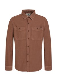 Rjava majica z dolgimi rokavi iz teksturirane tkanine, z dvema žepoma na prsih, z gumbi spredaj in s koničastim ovratnikom. Diskretna podrobnost logotipa.