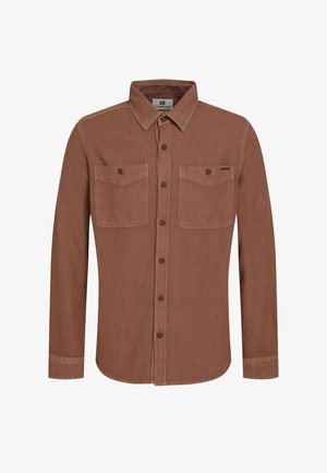 Brown long-sleeve shirt in a textured fabric, featuring two chest pockets, button-up front, and a pointed collar. Subtle logo detail.