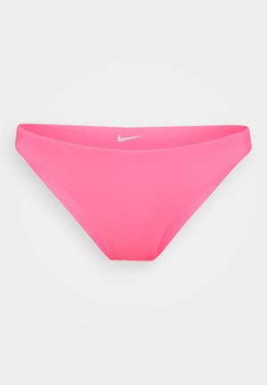 Parte de baixo de bikini rosa feita de material elástico. Apresenta um design suave e sem costuras, com uma faixa fina na cintura e um pequeno logotipo na frente.