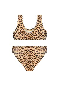 Bikini set s leopardím vzorom a lemovaním. Materiál vyzerá hladký, s pieskovou farbou pozadia a tmavohnedými škvrnami po celom.