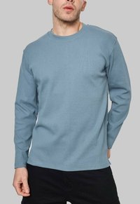 Sweatshirt à col rond à manches longues en coton bleu clair, avec des poignets et un ourlet côtelés, coupe décontractée avec coutures latérales pour plus de confort.