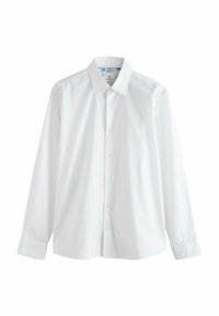 White long-sleeve shirt made from cotton with a classic collar, featuring a button-down front and plain texture.
