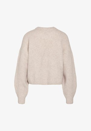 Light pink, cropped sweater with a soft, textured knit, round neckline, and dropped shoulders. Ribbed cuffs and hem detail.