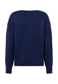 Navyblauer, kuscheliger Strickpullover mit langen Ärmeln, gerippten Bündchen und einer lockeren Passform, von hinten vor weißem Hintergrund gezeigt.