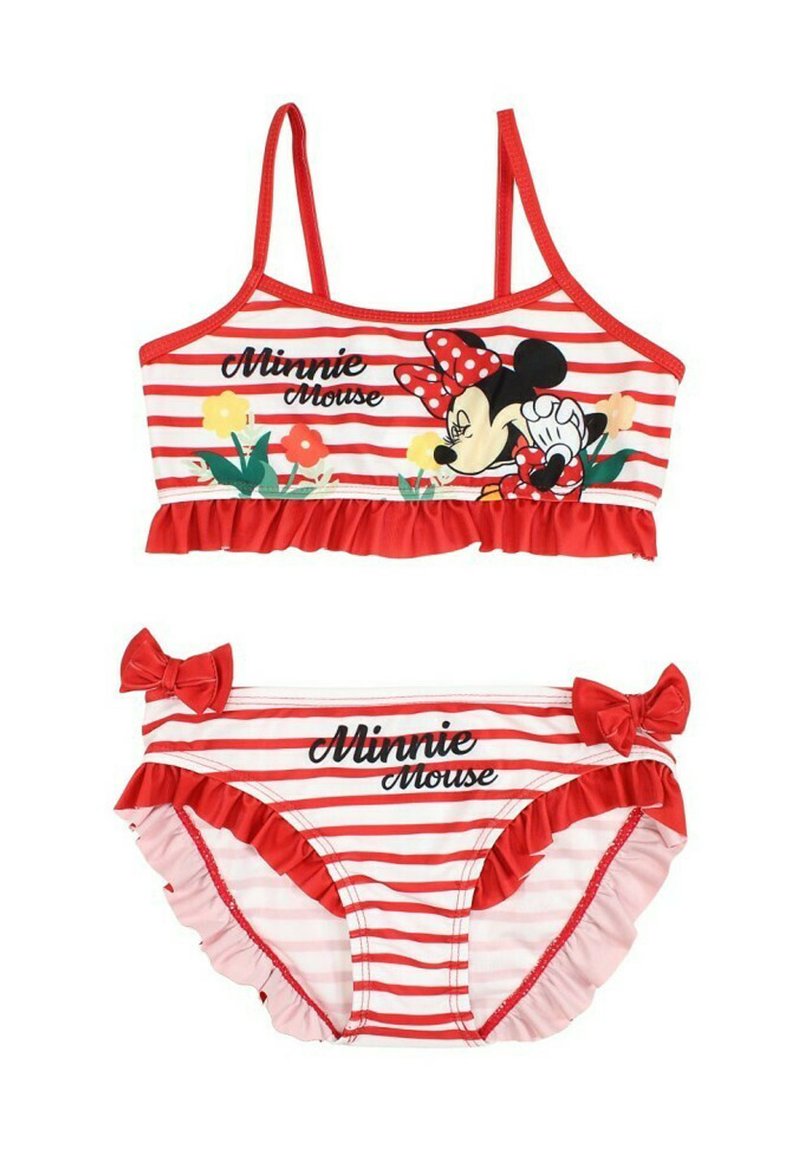 Maillot de bain deux pièces rayé rouge et blanc avec des accents froncés, une illustration d'un personnage, et des bretelles réglables sur le haut.