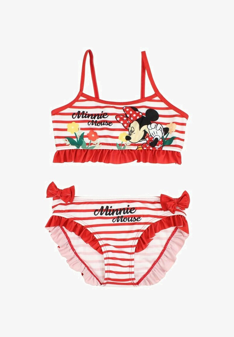Maillot de bain deux pièces rayé rouge et blanc avec des accents froncés, une illustration d'un personnage, et des bretelles réglables sur le haut.