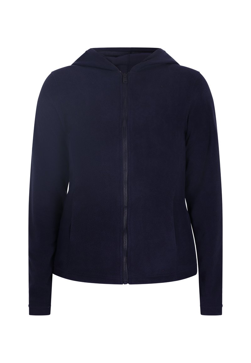 Felpa con zip colore navy, con cerniera frontale, maniche lunghe e cappuccio. Tessuto liscio senza motivi o hardware visibili.
