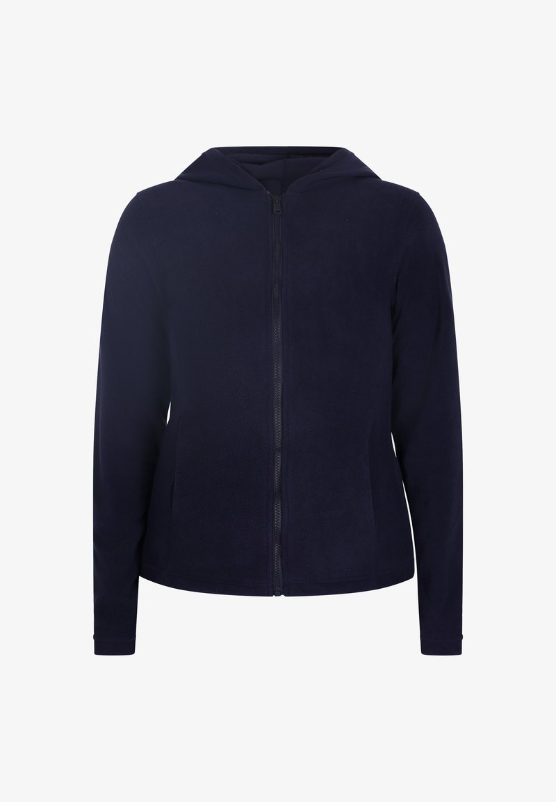 Navy fleece zip-up hoodie with a front zipper, long sleeves, and a hood. Smooth texture with no visible patterns or hardware.