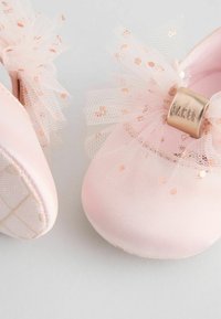 Pantofi din material roz deschis, cu funde din plasă și accente aurii rose. Design cu vârf rotund, textură moale și decorațiuni din tull cu puncte.