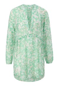 Abito verde a maniche lunghe e vestibilità comoda con stampa floreale bianca, vita arricciata, scollatura a V e polsini elasticizzati.