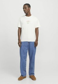 Hvid bomulds T-shirt med grafisk print, parret med lyseblå denim jeans og brune slip-ons. Enkel design, afslappet fit.