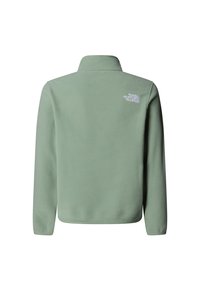 Jachetă din fleece verde cu guler înalt, mâneci lungi și detaliu subtil cu logo pe spate de culoare albă. Textură moale și design minimalist.