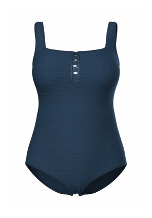 Laivastonsininen teksturoidulla pinnalla varustettu yksiosainen uimapuku leveillä olkaimilla ja pienellä keskellä olevalla leikkauksella rinnassa.