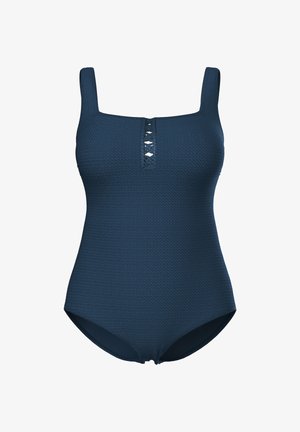 Marineblauer, strukturierter Einteiler mit breiten Trägern und kleinem zentralen Ausschnitt auf der Brust.