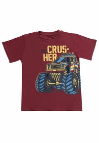 Bordeaux katoenen t-shirt met een grafiek van een monstertruck met oversized blauwe banden en de tekst "THE CRUSHER" in geel en zwart.