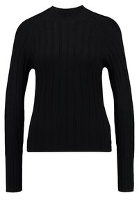 Schwarzer, gerippter Strickpullover mit langen Ärmeln und hohem Kragen. Hat ein figurnahes Design und eine glatte Textur.