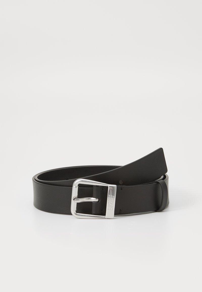 Black leather belt with a silver metal buckle, featuring a smooth finish and straight edges, suitable for various waist sizes.