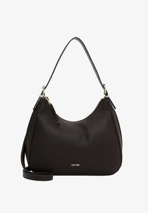 Borsa a spalla in pelle marrone con forma arrotondata, superficie testurizzata, dettagli in metallo dorato e tracolla regolabile. Nome del brand visibile.