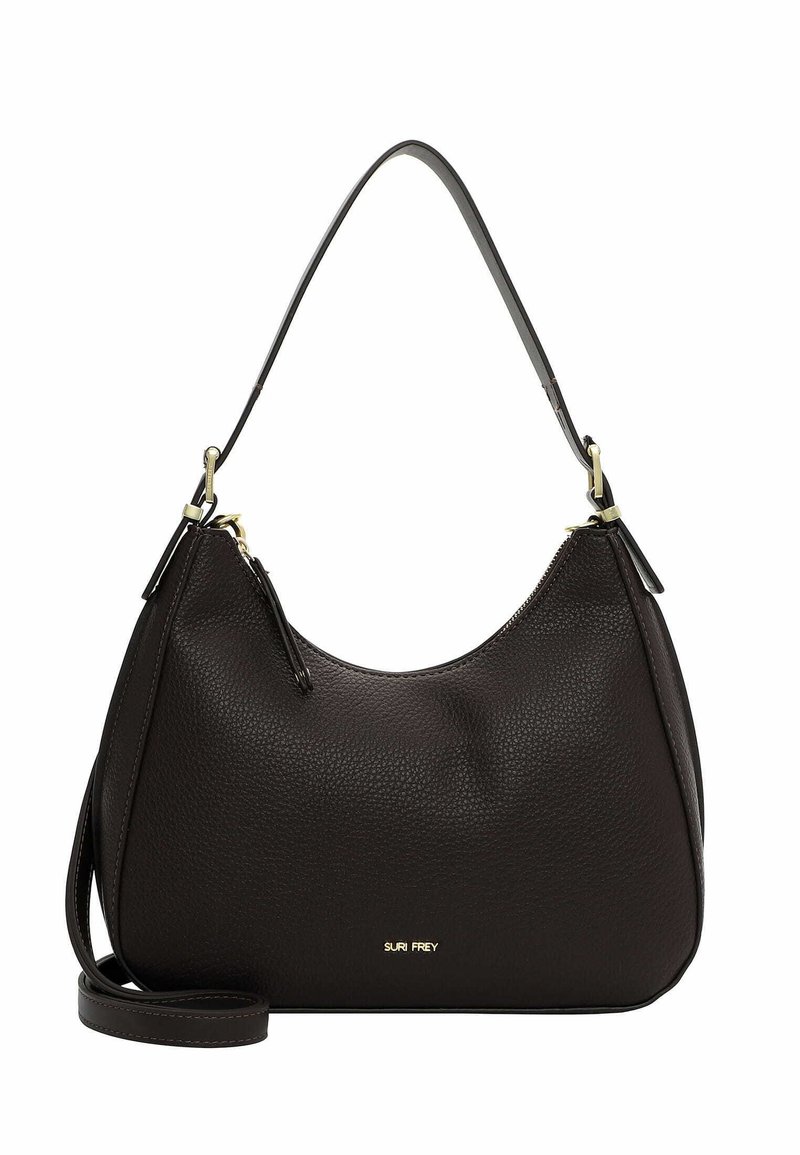 Borsa a spalla in pelle marrone con forma arrotondata, superficie testurizzata, dettagli in metallo dorato e tracolla regolabile. Nome del brand visibile.