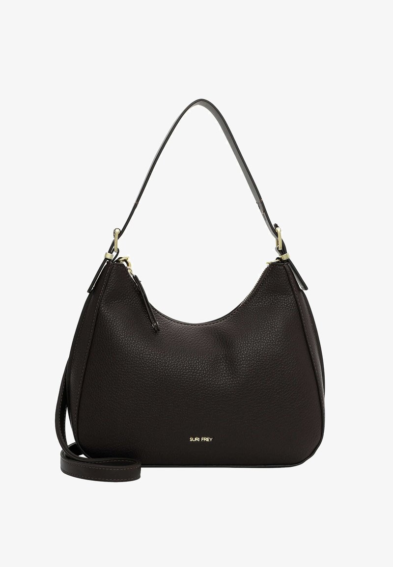 Brown leather shoulder bag with a rounded shape, textured surface, gold hardware accents, and an adjustable strap. Brand name visible.
