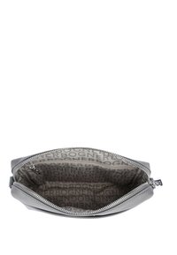 Gray leather pouch with a zipper closure. Interior features a repeating logo pattern in a lighter shade. Smooth texture, sleek design.