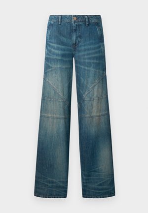 Wijdvallende spijkerbroeken in medium blauw, met een vervaagde afwerking, patchwork naden en een klassieke vijf-pocket design met een knoopsluiting.