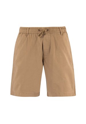 Men's beige cotton shorts with an elastic waistband, drawstring tie, belt loops, and side pockets.