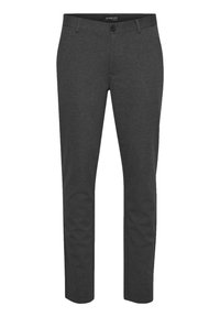 Pantalones gris oscuro de tela texturizada, con cierre de botón, presillas para cinturón y diseño de pierna ajustada.