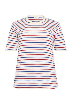 Tricou cu dungi crem, cu dungi orizontale roșii și albastre distribuite uniform. Mâneci scurte și guler rotund clasic. Material din bumbac.