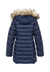 Parka matelassée bleu marine avec capuche en fourrure détachable, poignets côtelés et matelassage horizontal pour l'isolation.