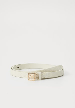 White leather belt featuring a textured pattern and a rectangular gold-tone buckle. The design is slim and elegant, with adjustable lengths.
