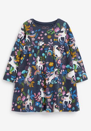 Vestido de manga larga en azul marino oscuro con estampado de unicornios y flores, cintura fruncida, tejido de algodón suave y escote redondo.