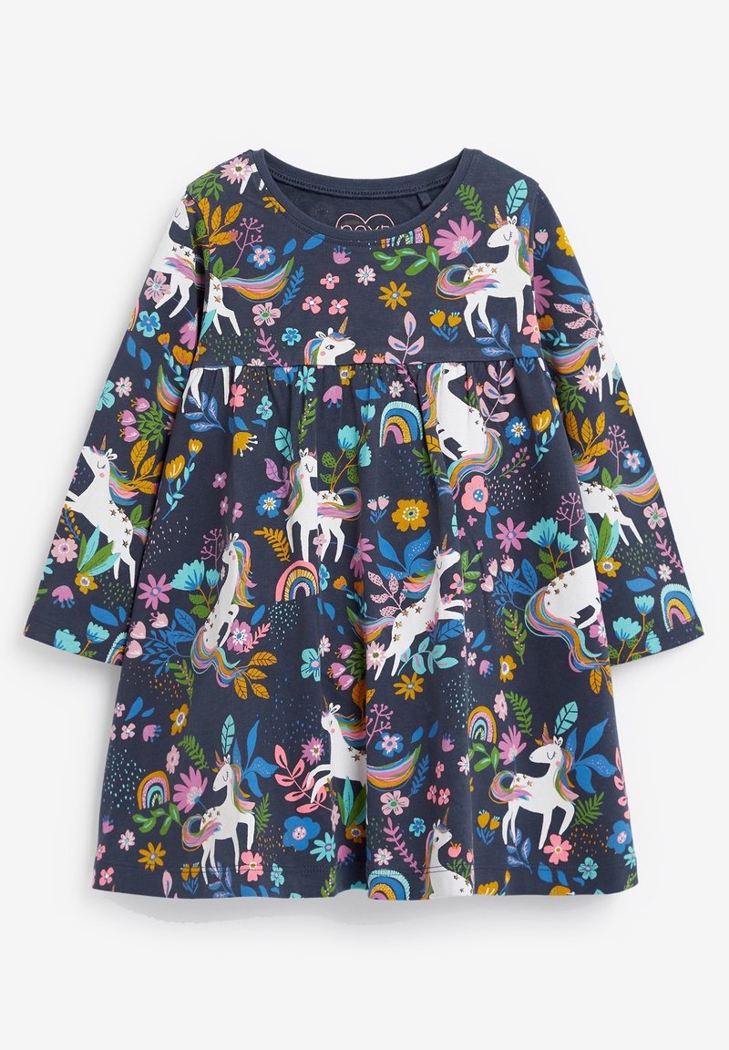 Long-sleeve dress in dark navy featuring a unicorn and floral print, gathered waist, soft cotton fabric, and a round neckline.