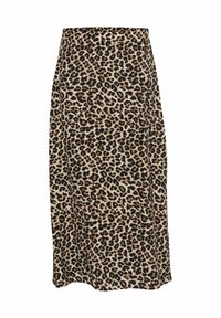 Midikjol med leopardmönster i mjukt tyg. Har ett mönster i svart, brunt och beige. Rakt snitt med en midjeband och inga synliga fickor.