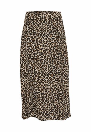 Leopardprint midi-nederdel i blødt stof. Har et sort, brunt og beige mønster. Lige snit med en talje og ingen synlige lommer.