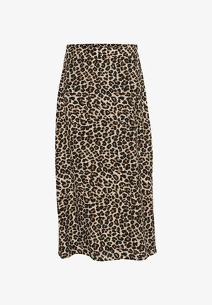 Leopardprint midi-nederdel i blødt stof. Har et sort, brunt og beige mønster. Lige snit med en talje og ingen synlige lommer.