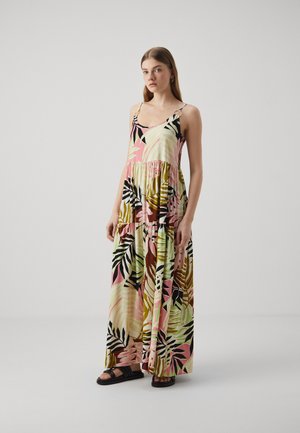 Vestido maxi floral con un diseño en capas, en colores pastel con patrones de follaje negro. Confeccionado en una tela ligera, con tirantes finos ajustables.
